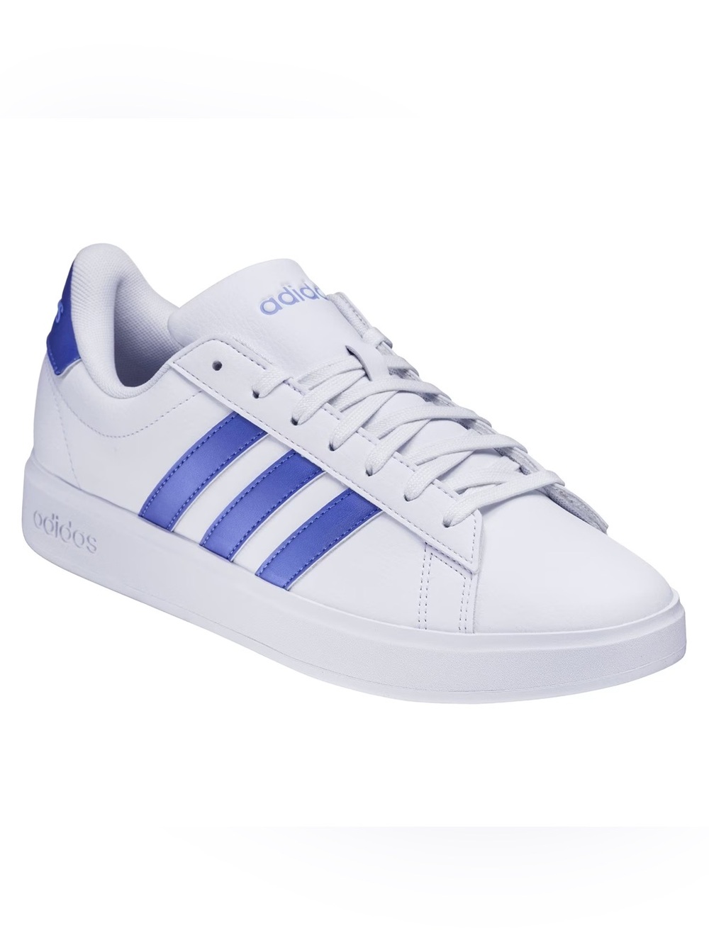 Adidas Grand Court 2.0 sneakers with blue metallic side stripes.